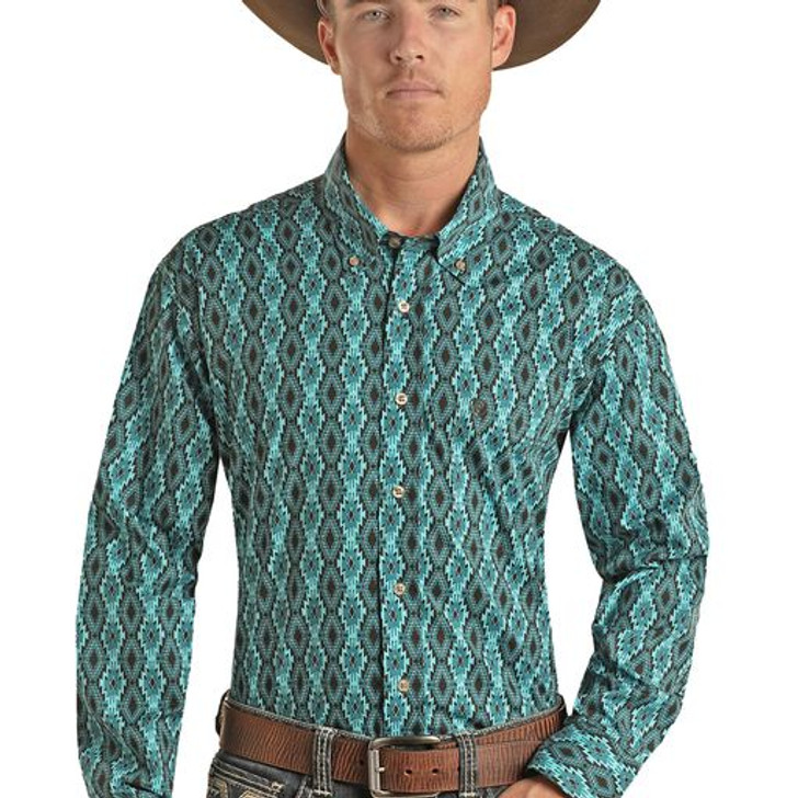 Rock & Roll Men's Turquoise Aztec Vintage 46 Long Sleeve Button Down VMB2S02532