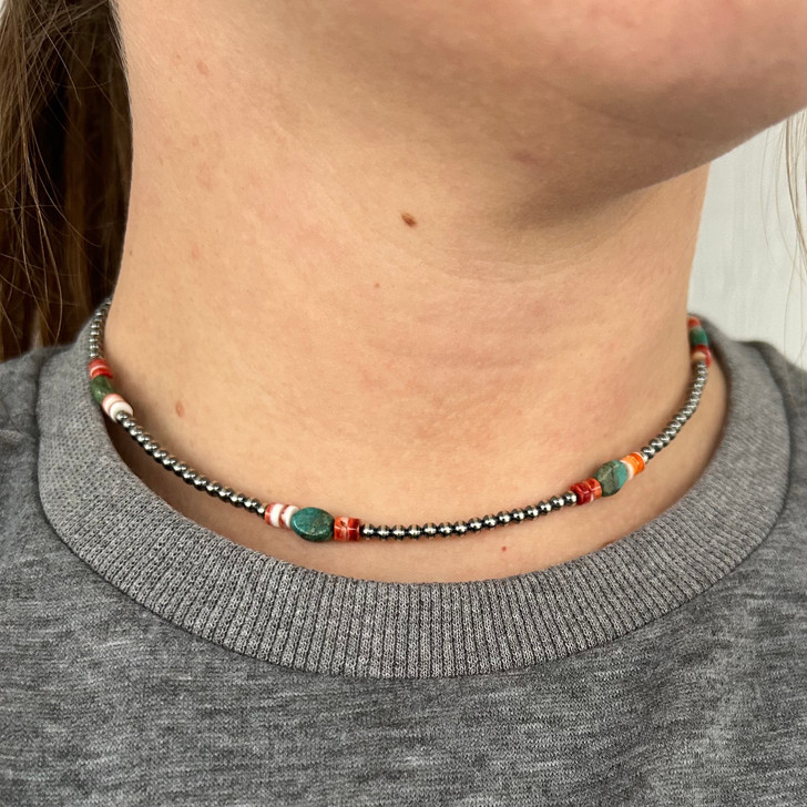 14" Navajo Choker Necklace with Green Turquoise and Coral CHO-NAV-171-TUR