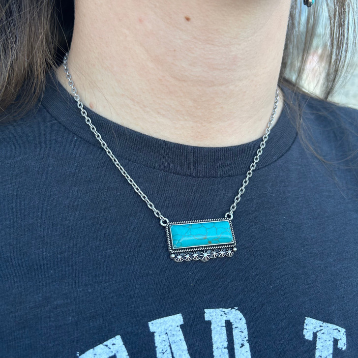 Faux Turquoise Star Stamped Bar Necklace