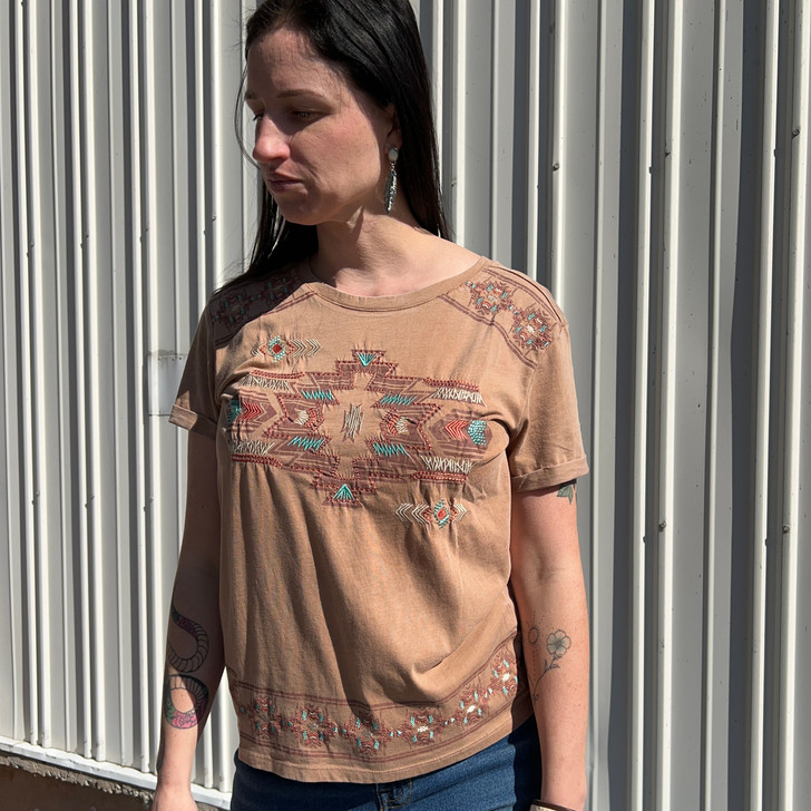 Panhandle Ladies Tan Embroidered Aztec Boxy Top  LW21T03432