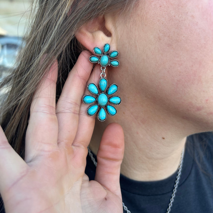 Turquoise Flower Cluster Post and Dangle Earrings