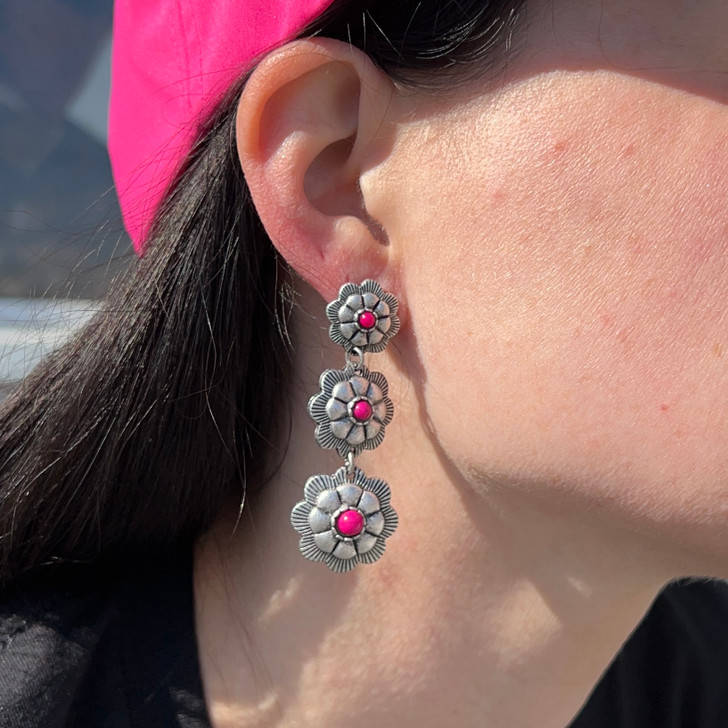 Hot Pink and Silver Flower Trio Earrings