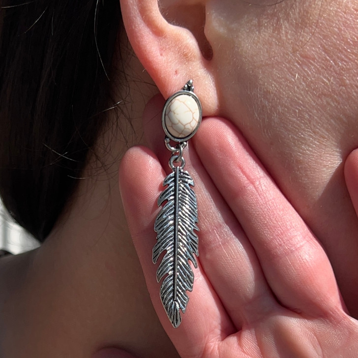 White Turquoise and Silver Feather Earrings