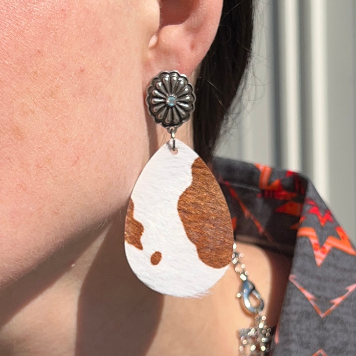 Rhinestone Concho Cowhide Teardrop Earrings