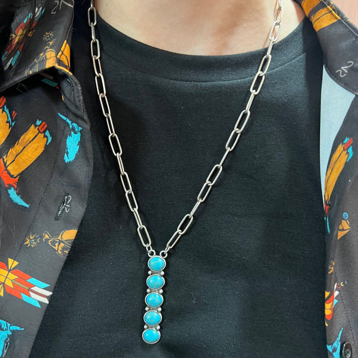 Chunky Paperclip Chain Blue Turquoise Lariat Necklace 163314