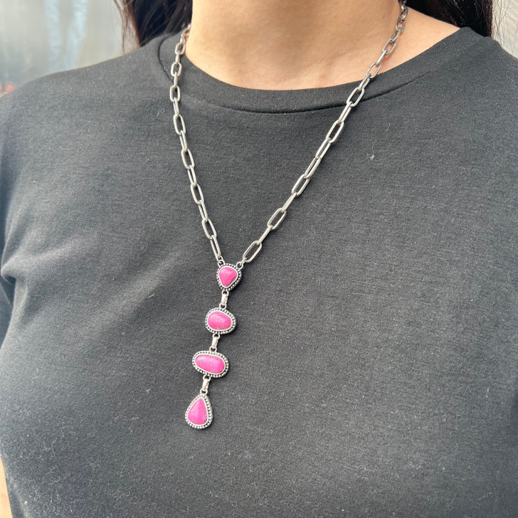 Paperclip Chain Pink Lariat Bauble Necklace 163317