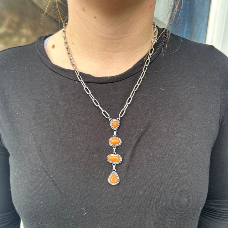 Paperclip Chain Orange Lariat Bauble Necklace 163320