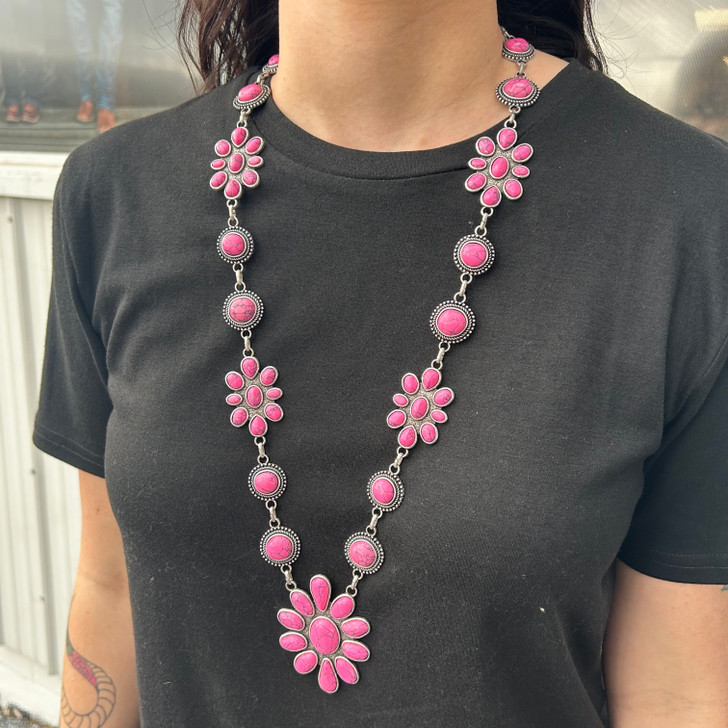 Pink Flower Conchos and Circles Necklace 163329