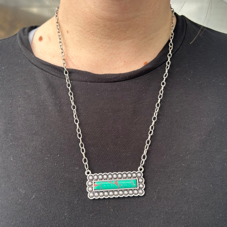 Silver Star Stamped Skinny Green Turquoise Bar Necklace 163334