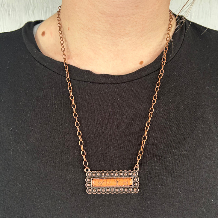 Copper Star Stamped Skinny Orange Bar Necklace 163335