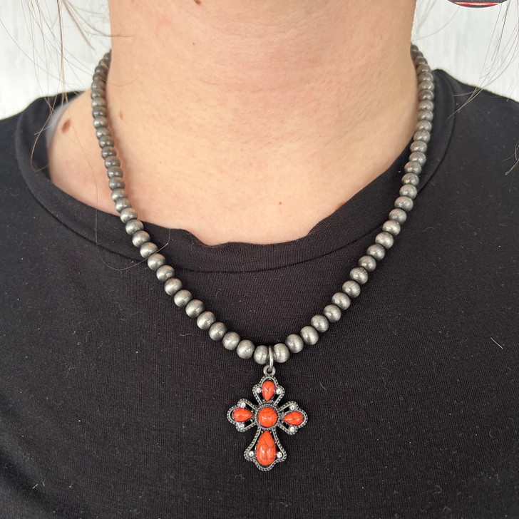 Orange Stone Cross Faux Navajo Pearl Necklace 163346