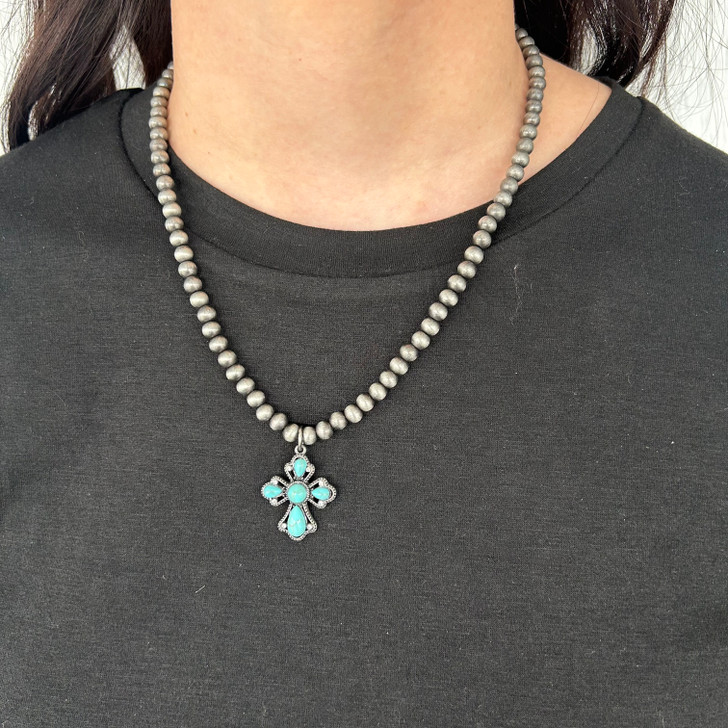 Turquoise Stone Cross Faux Navajo Pearl Necklace 163347