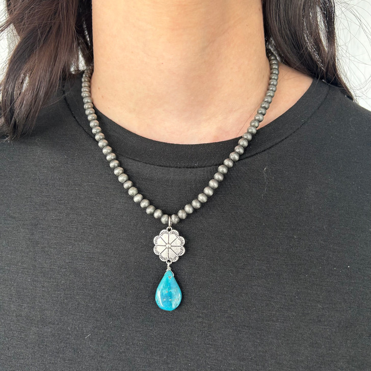 Flower & Turquoise Teardrop Faux Navajo Pearl Necklace 163348