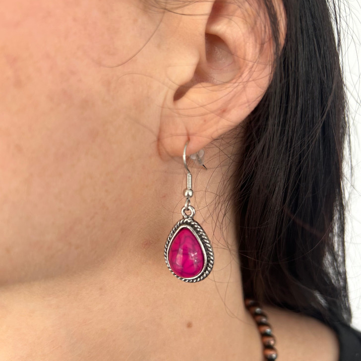 Hot Pink Stone Tear Drop Earrings 163361