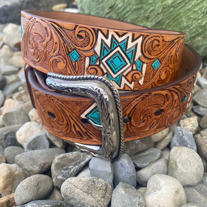 Hooey Ladies Dyani Hand Painted Turquoise and Ivory Aztec Belt HWBLT029