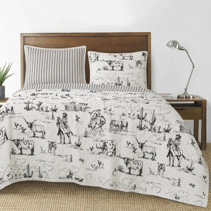 Ranch Life Western Toile Reversible Quilt Set, King, Black