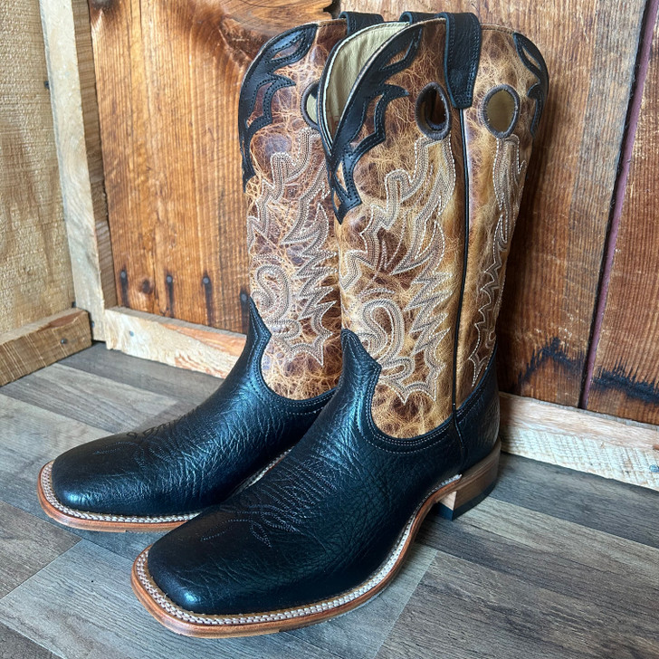 Boulet レザーウエスタンブーツ Boulet Men's Black and Cognac Square Toe Boot - Stockyard Style