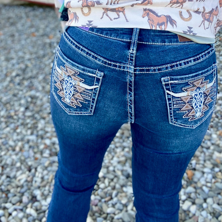 Rock & Roll Ladies Mid Rise Boot Cut Steer Head Jeans BW4MD05315