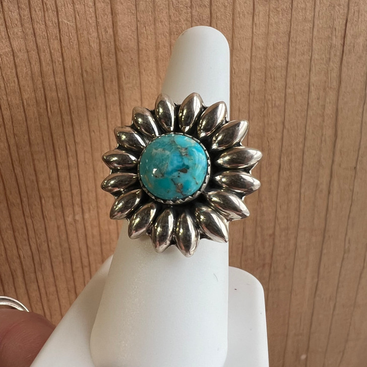 Kingman Turquoise Flower Concho Sterling Silver Ring IN-112