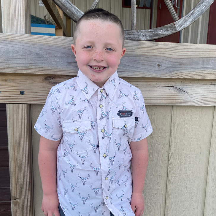 Rock & Roll Boy's Natural Longhorn Print TEK Western Short Sleeve Snap Shirt BBN3S05964