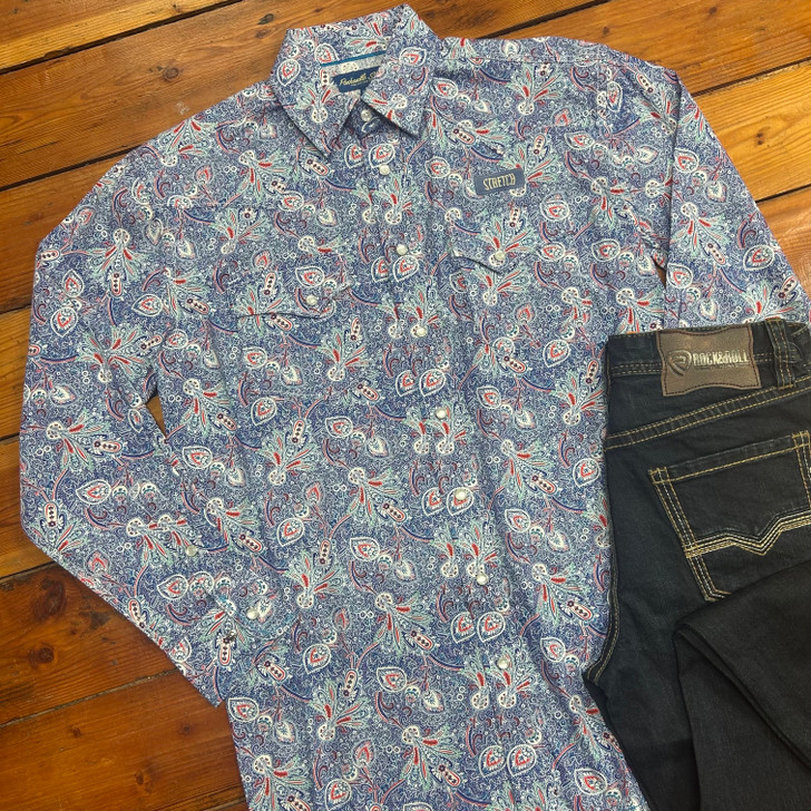 Panhandle Men's Blue and Red Paisley Rough Stock Snap Shirt RMN2S06544