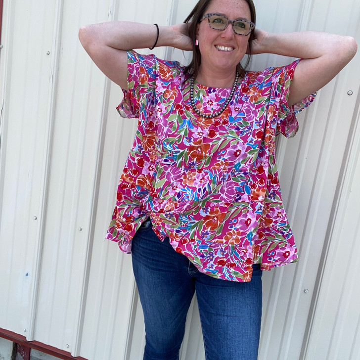 Women's Emily Wonder Plus Size Hot Pink Floral Tiered Blouse