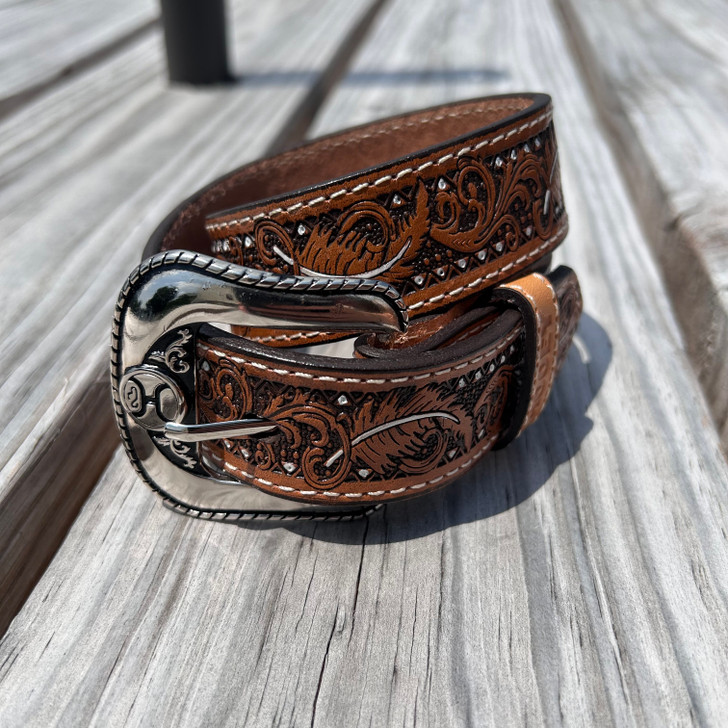 Hooey Boy's War Paint Feather & Filigree Embossed Leather Belt
