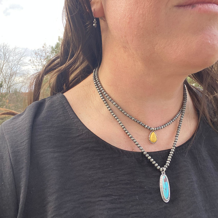 Faux Navajo Necklace with Skinny Turquoise Pendant & Earrings