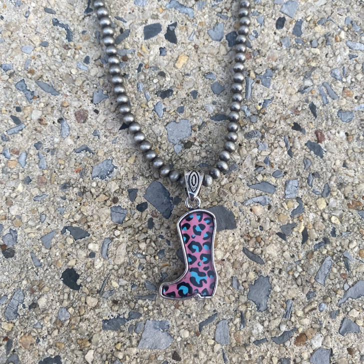 Faux Navajo Necklace with Pink Leopard Boot Charm