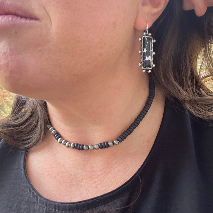 Rectangular Western Ball and Black Marble Stone Earrings