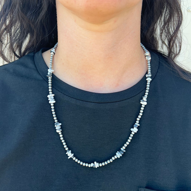 20" Sterling Silver Pearl & White Buffalo Beaded Necklace