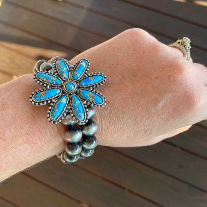 Faux Navajo and Turquoise Flower Concho Stretch Bracelet