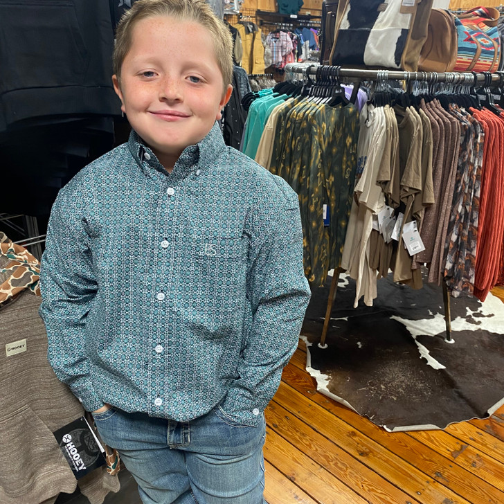 Panhandle Boy's Long Sleeve Turquoise and Navy Button Shirt SBB2S07405