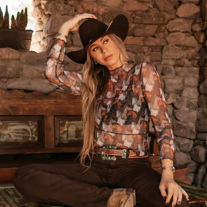 Rock & Roll Women's Black Horse Print Mesh Top BW22T07474