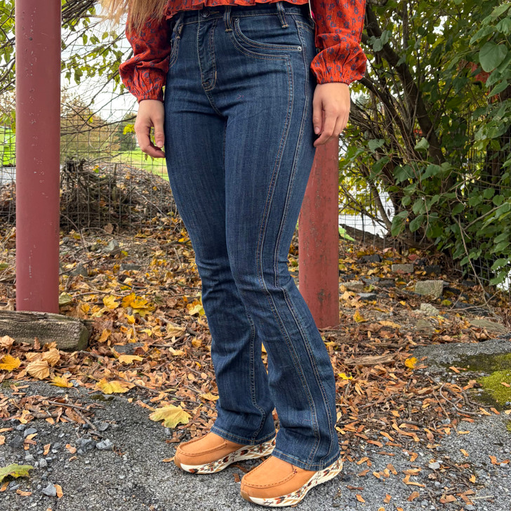 Rock & Roll Ladies Dark Wash High Rise Saddle Stitch Bootcut Jeans BW4HD07198