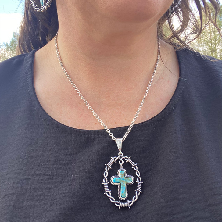 Barbed Wire Hoop and Turquoise Cross Necklace