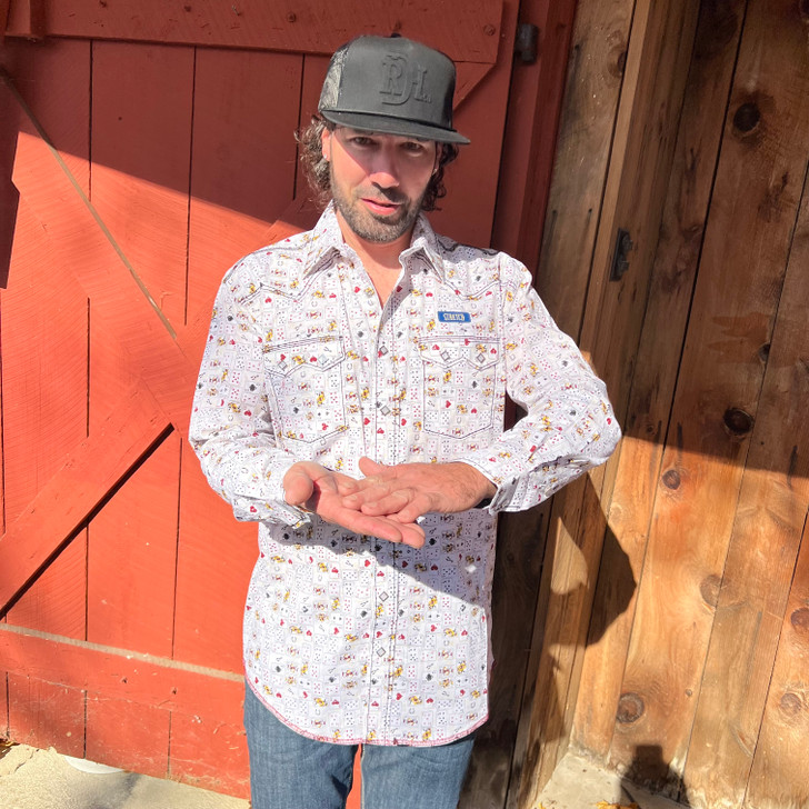 Panhandle Men's White Cards Long Sleeve Fancy Snap Shirt RMN6S07104