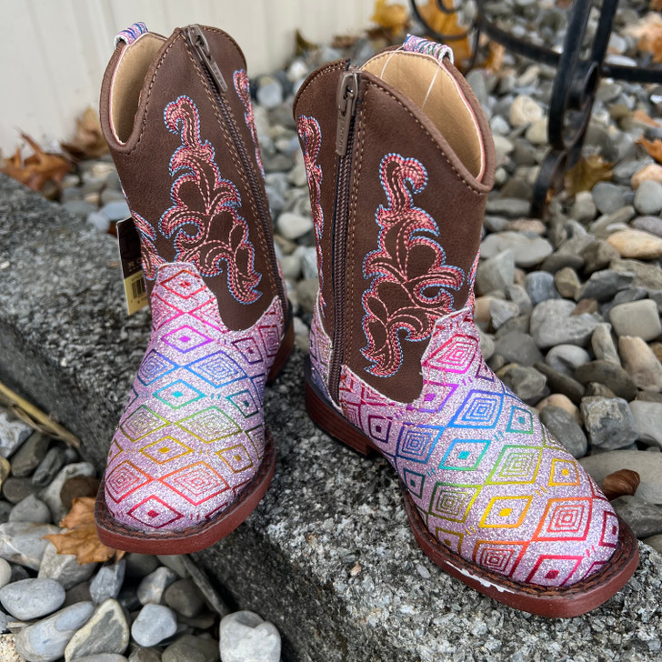 Roper Toddler Pink Aztec Glitter Square Toe Boot