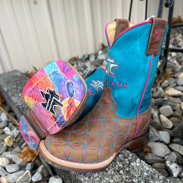 Tin Haul Little Kid's Twister Turquoise and Pink Square Toe Boot 14-018-0101-5105 BR