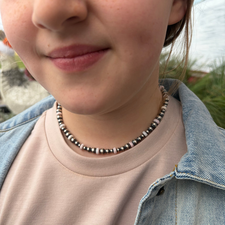 14" Graduated Sterling Silver Pearl and Pink Conch Disk Choker