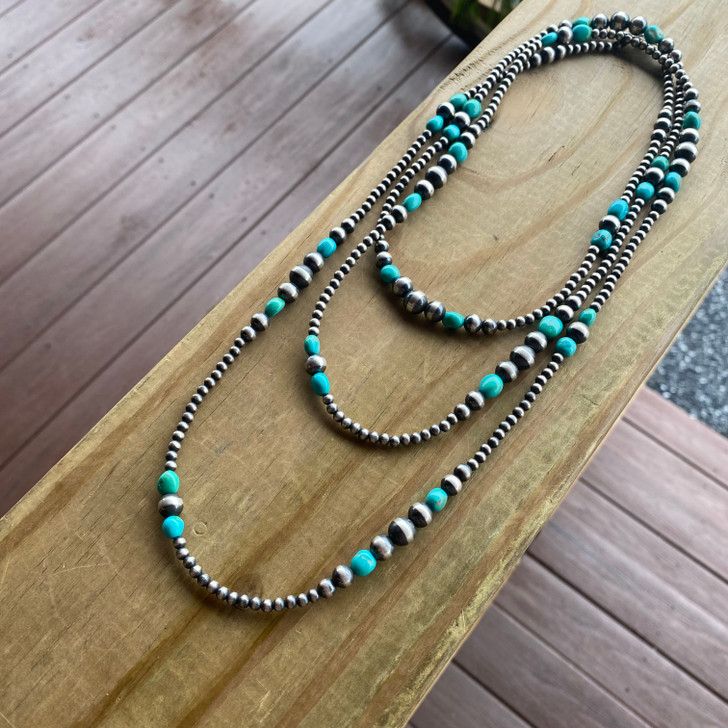 60" Graduated Sterling Silver Pearl & Kingman Turquoise Stone Necklace