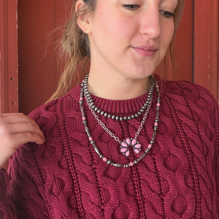 Faux Navajo and Pink Squash Triple Strand Layered Necklace AN4800-SBPK