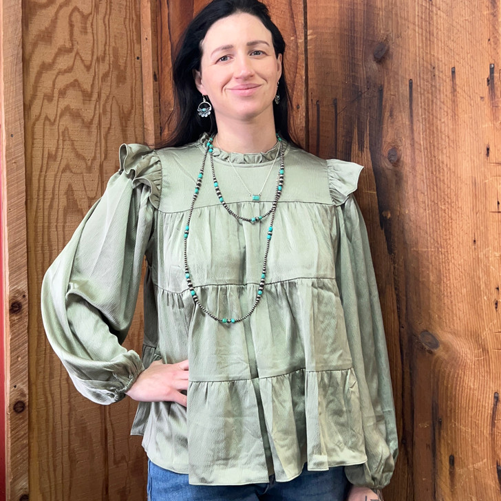 Sage Tiered Ruffle Sleeve Blouse