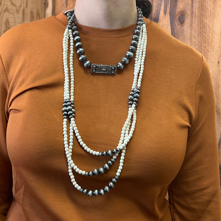 Long Triple Strand Graduated Faux Navajo Pearl & White Howlite Necklace