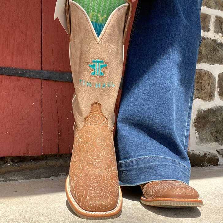 Tin Haul Women's Scroll Work Floral Sole Square Toe Boot