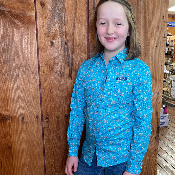 Panhandle Girl's Turquoise Print Long Sleeve Snap Shirt