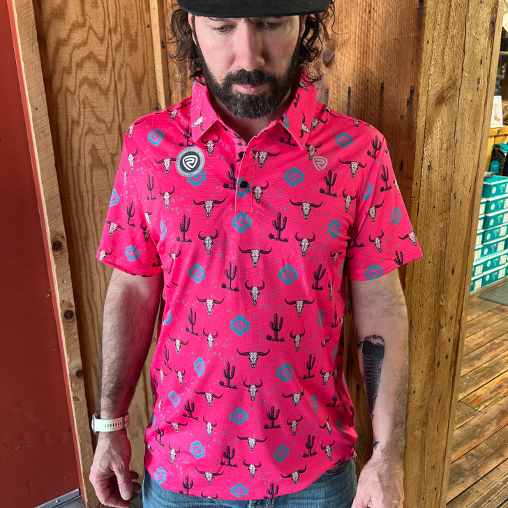 Rock and Roll Men's Hot Pink Skull Aztec Printed Mesh Polo Shirt