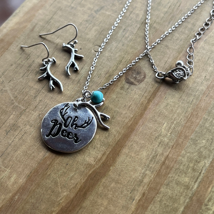 Stamped Oh Deer Antlers and Turquoise Necklace