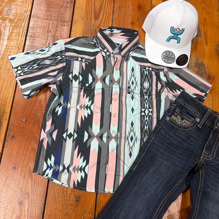 Hooey Boy's "Sol" Pink Aztec Short Sleeve Snap Shirt HT2621PKAZ-Y