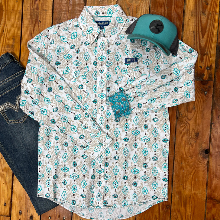 Panhandle Men's Turquoise Aztec Paisley Long Sleeve Snap Shirt
